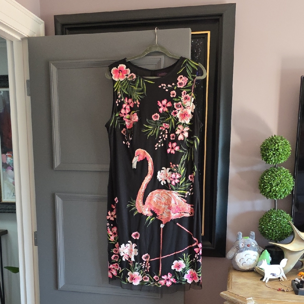 Black Midi Dress with Pink Flamingo & Floral Embroidery